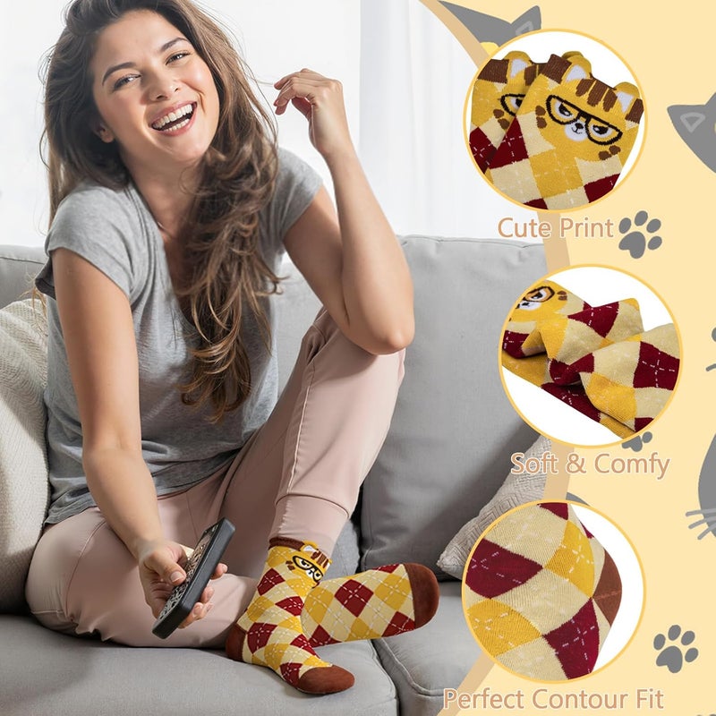 Socksfad Store 5-6 Pairs Women's Cute Cat Socks Gifts, Funny Novelty Animal Print Crew Cotton Socks Christmas Gifts for Women Girls - Image 5